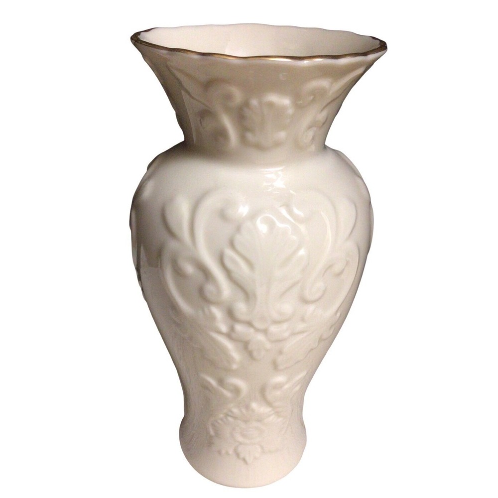 Lenox Embossed Floral Porcelain Vase Cream Gold Trim Made in USA